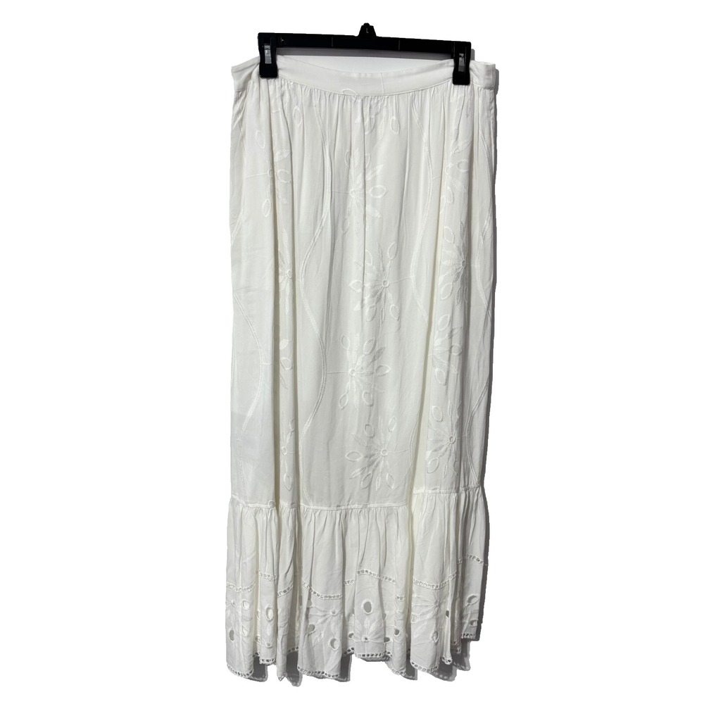 Beyond the Radar White Embroidered Eyelet Wrap Maxi Skirt Bohemian High Low - Picture 9 of 15